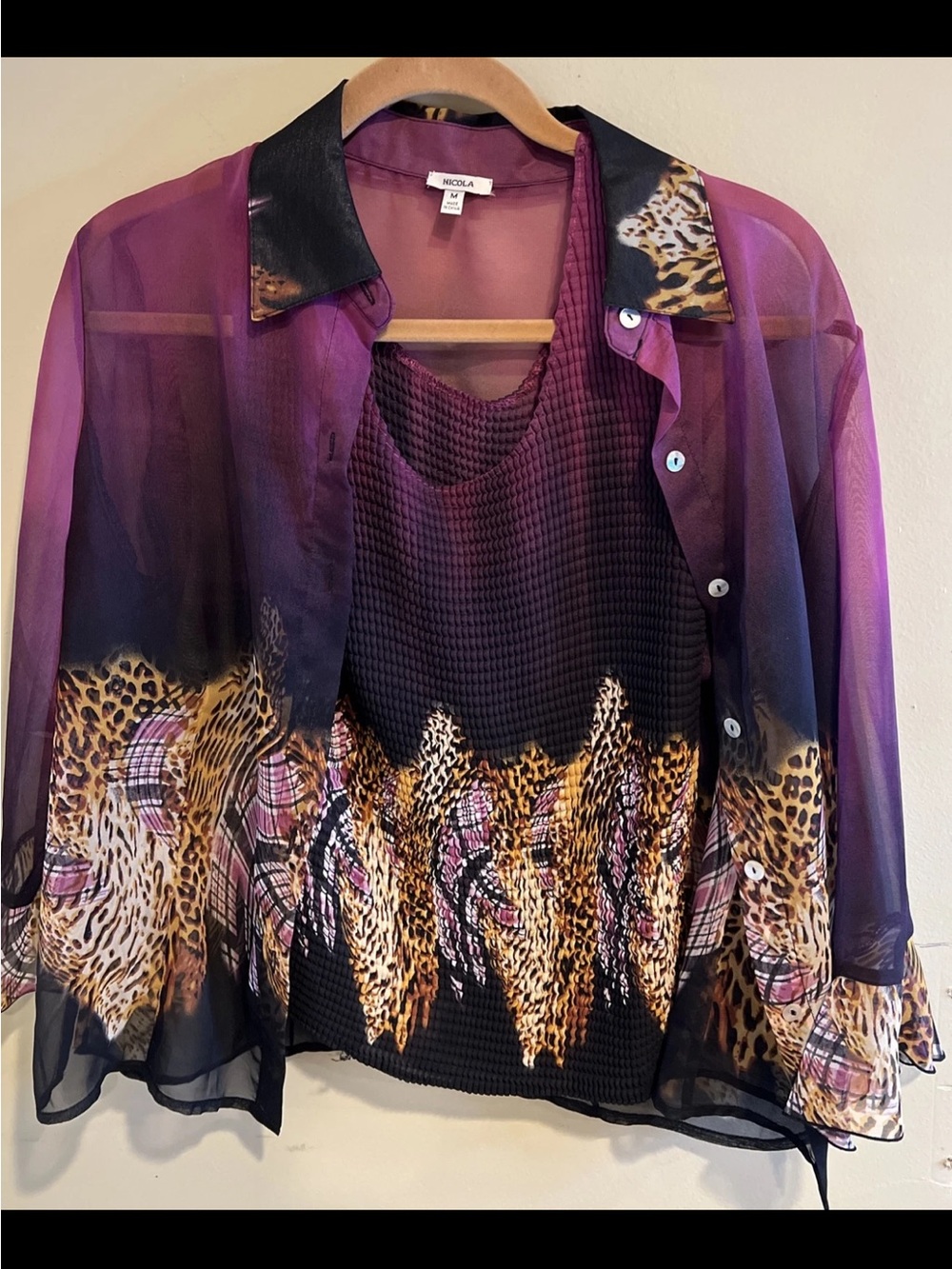 NICOLA Purple Sheer Button-Front Blouse with Leopard Hem and Tank Top
